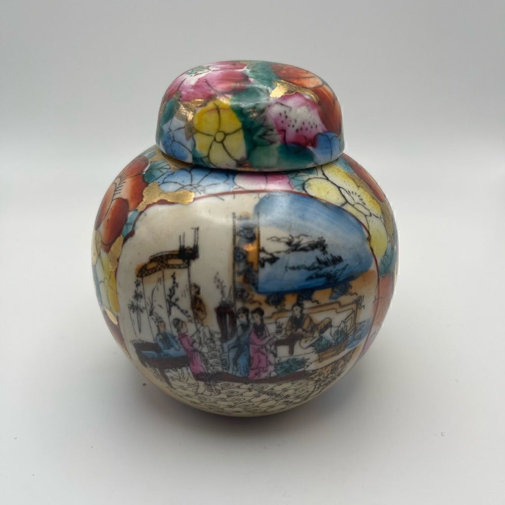 Vintage colorful Handpainted ginger jar women floral